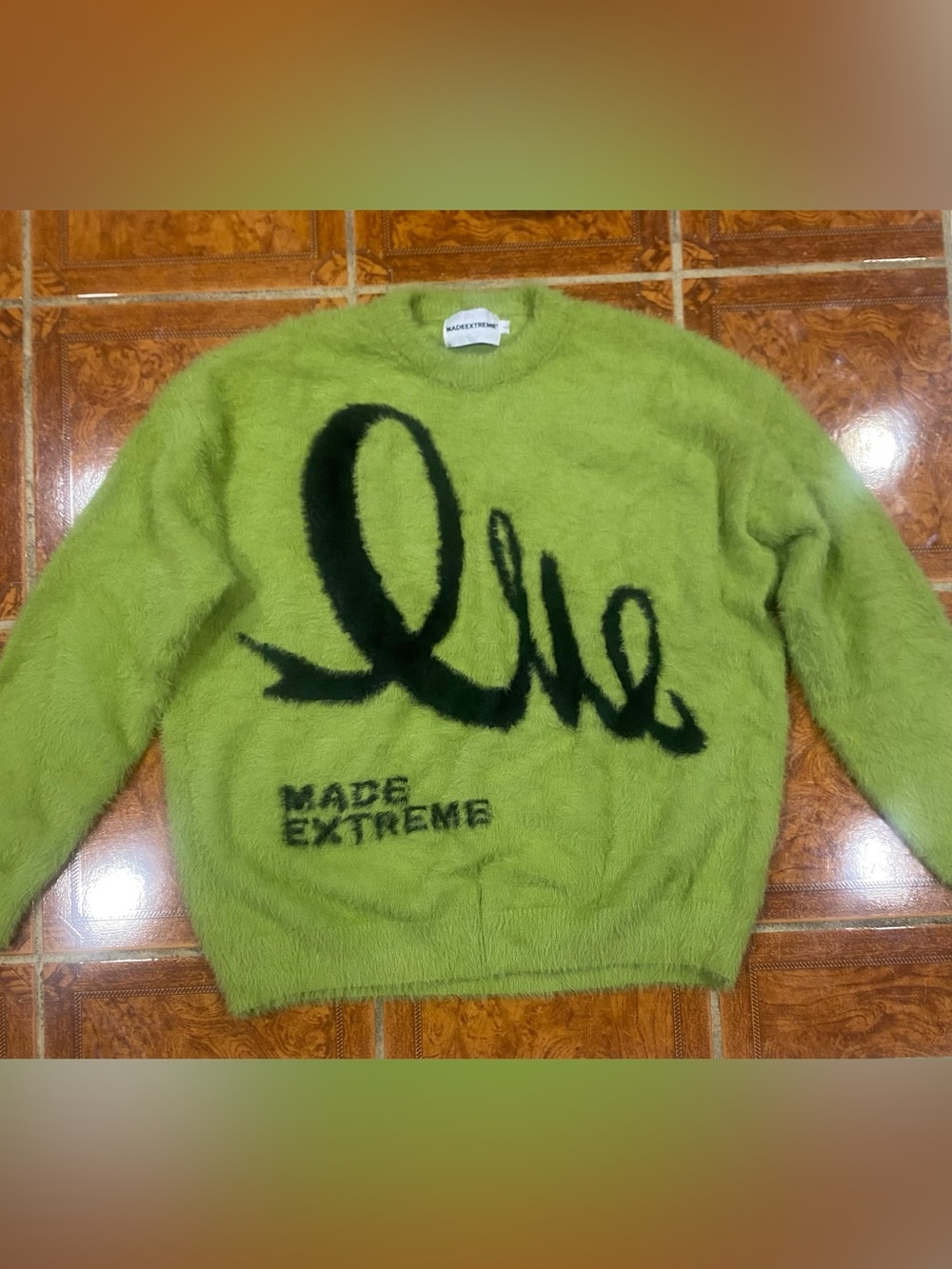 Lime Green Fuzzy Crewneck Mohair Sweater with Black Script